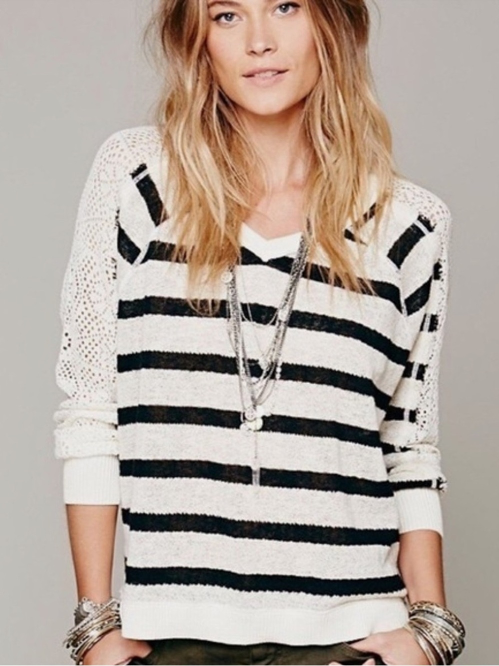 Free People We The Free Fluffy Long Sleeve Lou Striped Sweater Ivory Black S